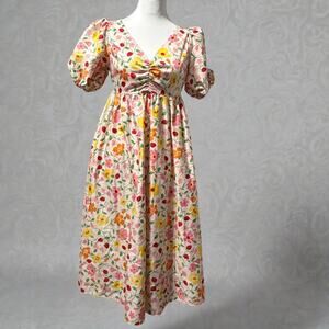 Kate Spade Dress Floral Midi Pink Yellow Puff Sleeve Cottagecore Coquette Size 4